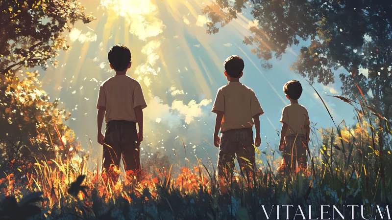 Young Wanderers Stand Beneath Celestial Light Through Amber Woods.