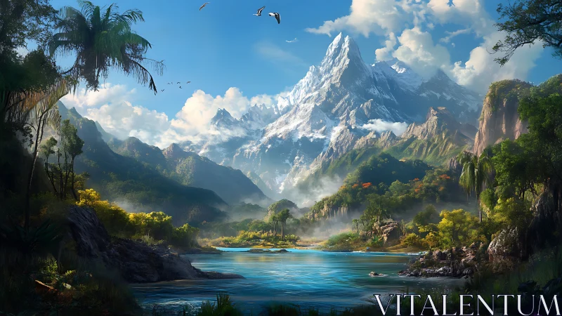 Panoramic tropical valley with glacial peak and turquoise river