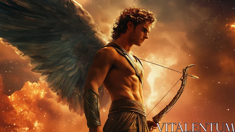 Winged archer warrior framed by blazing cosmic light.