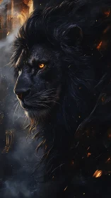 Mythic black lion portrait in ember-lit ruined arches.