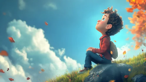 Stylized 3D boy on hillside rock observes drifting autumn leaves