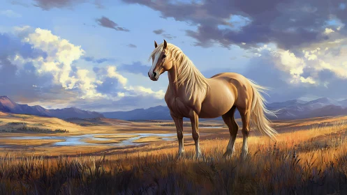 Digital painting of a golden horse in expansive prairie light.