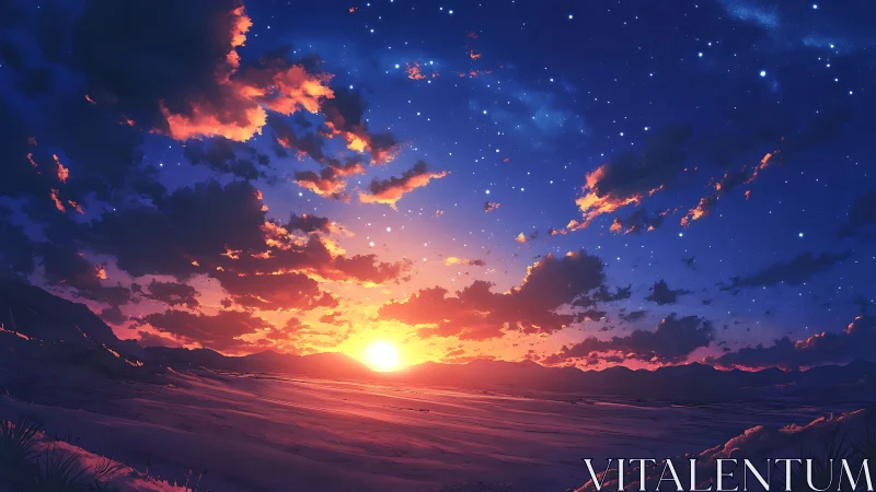 Vibrant desert sunrise under deep starry twilight sky.