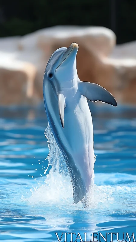 Joy-splashed dolphin pirouette in sparkling blue pool.