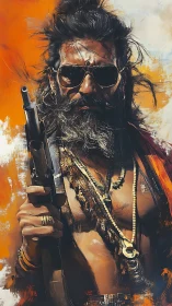 Bearded armed figure in sunglasses against orange backdrop.