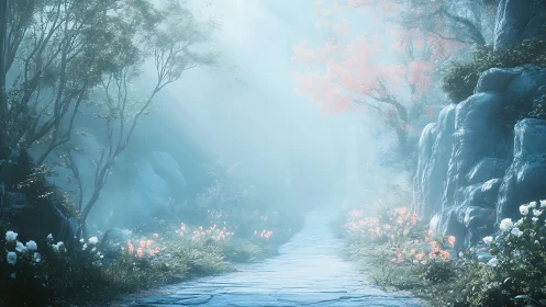Ethereal forest path with mist-lit flora and stone escarpments.
