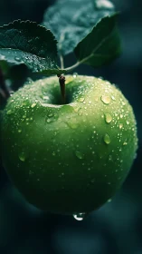 Macro study of dew covered green apple with foliage bokeh