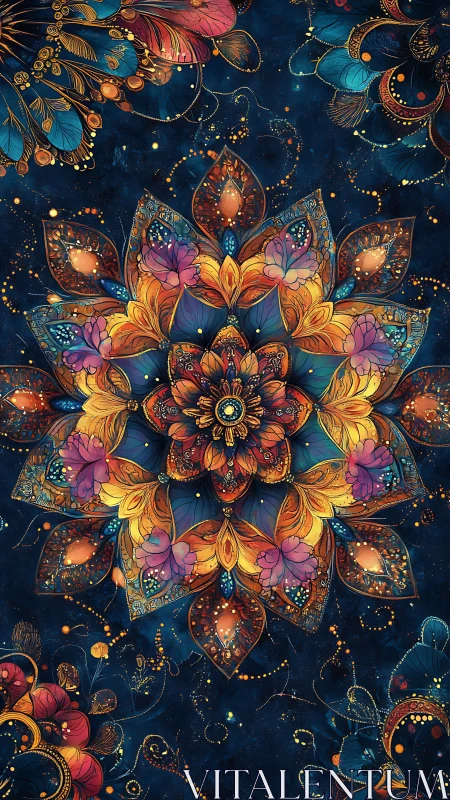 Symmetrical floral mandala with layered petals on dark field.