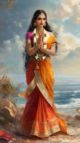 Ocean breeze crowns the serene woman in blazing silk