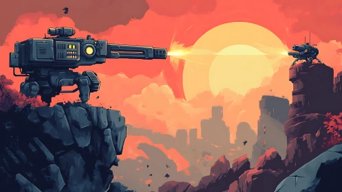 Digital painting of cliffside mechs in solar crossfire composition.