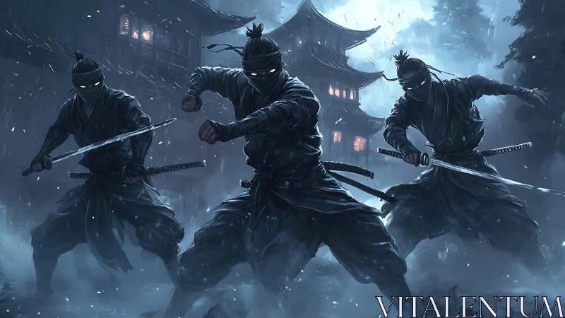Steeled ninjas advance through mist before a stormlit pagoda