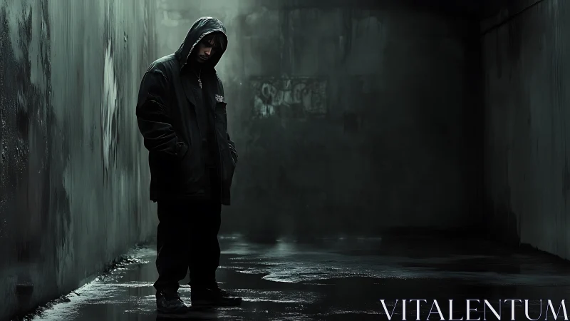Hooded figure standing in a wet, dimly lit urban alleyway.