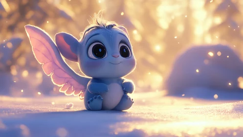 Winged blue creature sits in glowing snowy landscape