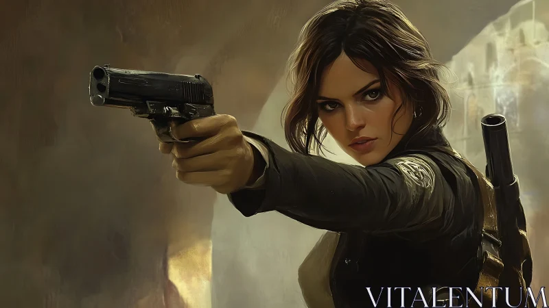 Digital painting of armed female agent in tense frontal aim.