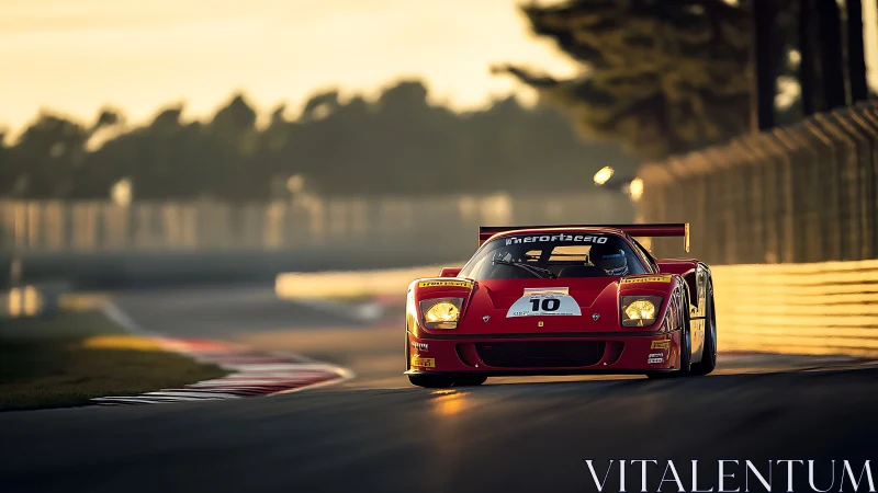 Red racing car on closed circuit at low sun angle.