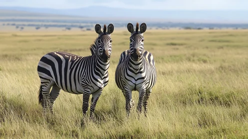 Striped twins stand poised on sunlit African grasslands.