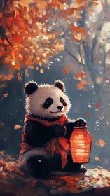 Baby panda in autumn forest holding glowing red lantern.
