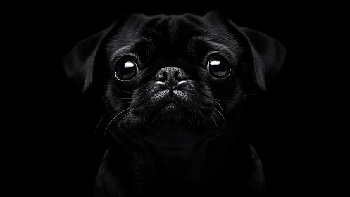 Midnight pug portrait with high contrast rim lighting.