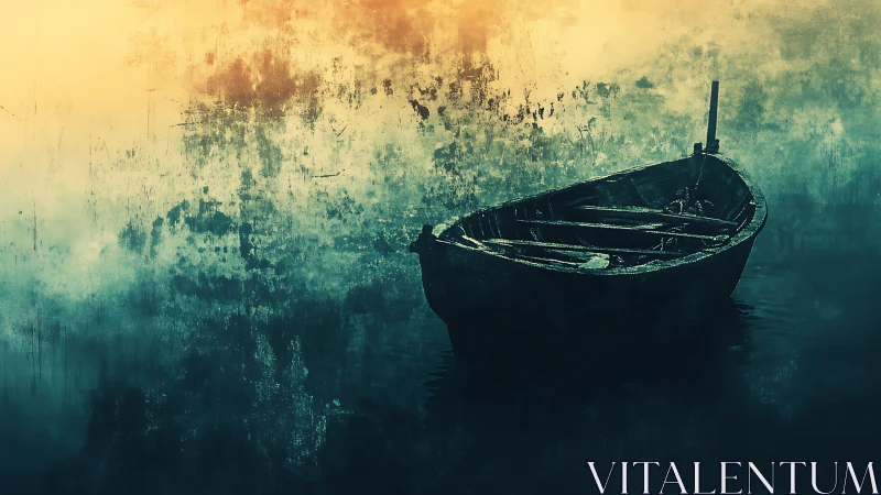 Lonely wooden rowboat rests in a misty teal and gold haze