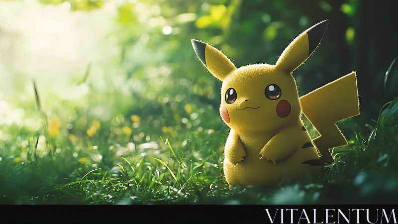 Pikachu rendered in sunlit forest environment scene.