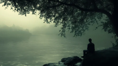 Silhouette figure sits on rocky riverbank under dense tree canopy