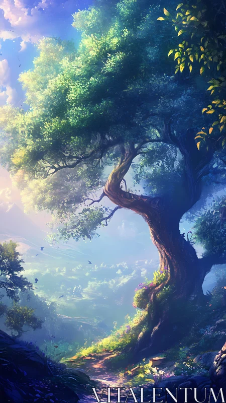 Ancient Tree in Luminous Forest Landscape.