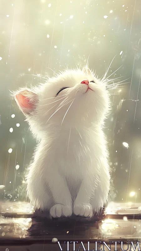 Luminescent White Kitten in Ethereal Rain: Digital Illustration.