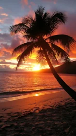 Palm tree silhouette aligns with low sun over coastal horizon