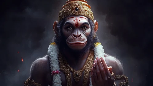 Hyperreal simian deity portrait with ornate golden regalia