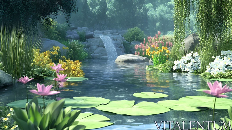 Digital garden pond with waterfall, lilies, rocks and flowers