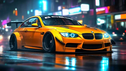Widebody BMW coupe on wet neon city street, cinematic night