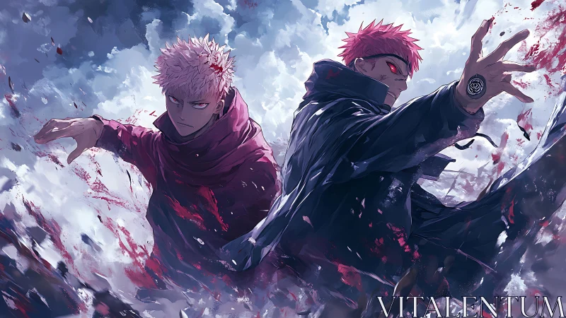 Dual anime fighters in stormy sky with energy clash.