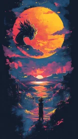 Solar dragon spirit watching lone warrior at neon dusk.