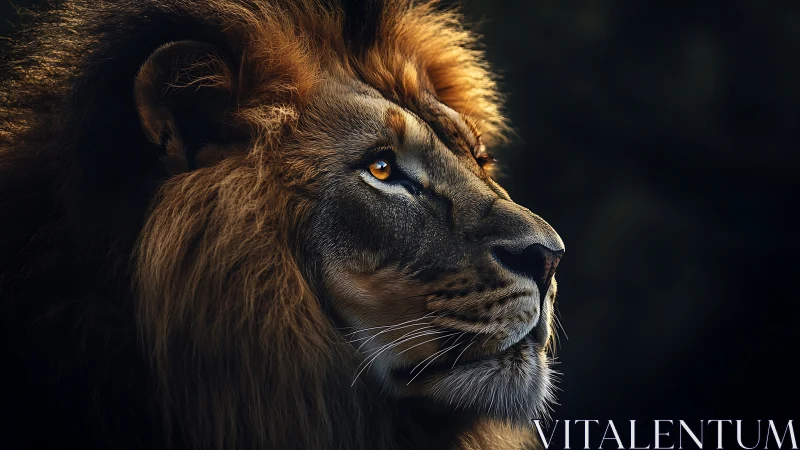 Photorealistic lion profile with dramatic chiaroscuro lighting.