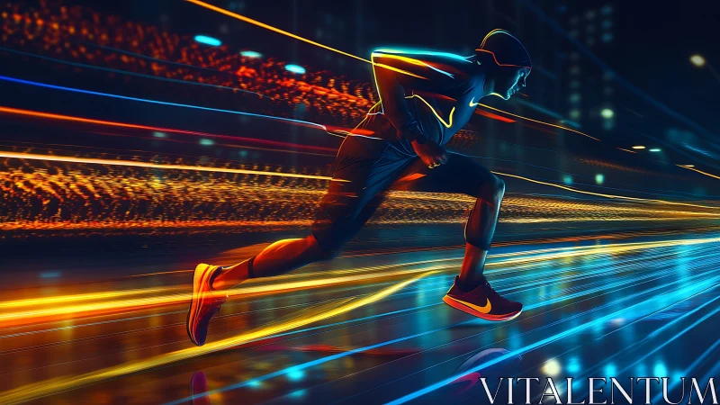 Neon night sprinter slicing through electric city trails.
