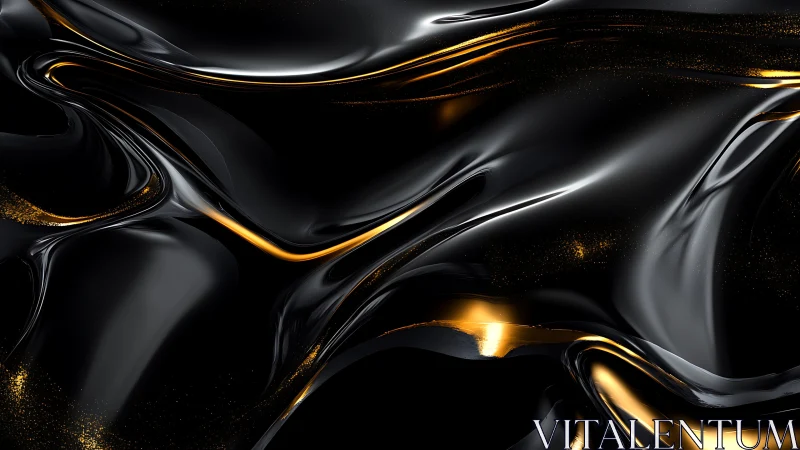 3D fluid black chrome surface with molten gold streak accents.
