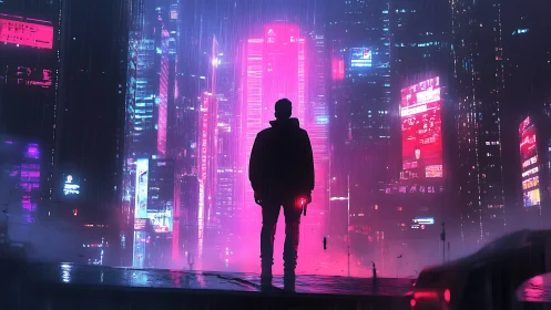 Cyberpunk vigilante silhouetted against neon monolith skyline.