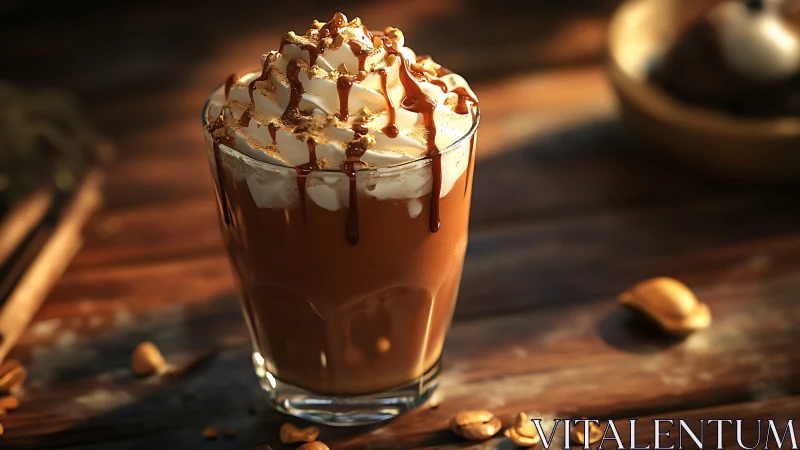 Iced caramel coffee glows in warm rustic afternoon light