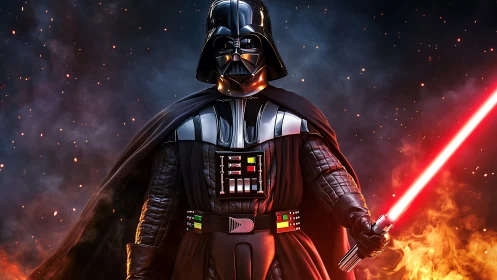 Armored dark figure with red energy sword in flames.