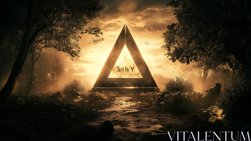 Golden triangular monolith glowing within misty forest portal.