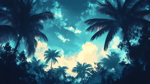 Silhouetted palm trees frame a bright teal and yellow sky