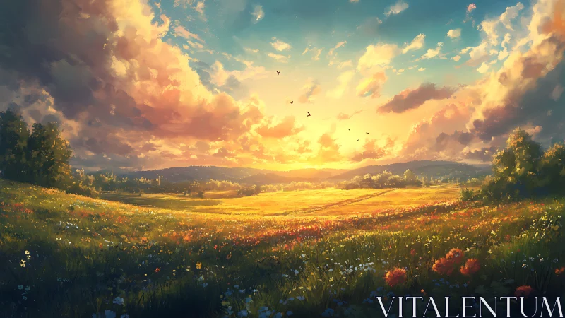 Sunlit wildflower meadow under dramatic golden sunset sky.