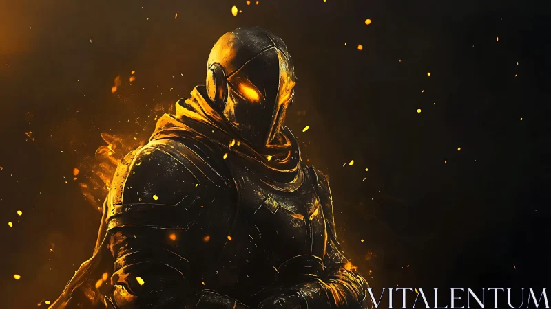 Armored humanoid figure stands in glowing ember environment