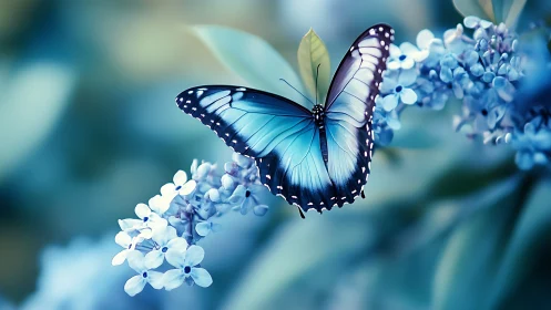 Blue butterfly on lilac flowers in soft garden focus.