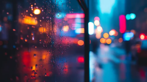 Rain-speckled window framing neon city bokeh glow at night.