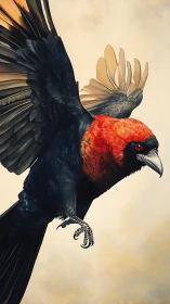 Scarlet-crowned blackbird diving through soft golden air.