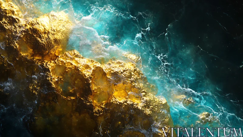 Glimmering shoreline where liquid gold meets deep teal seas.