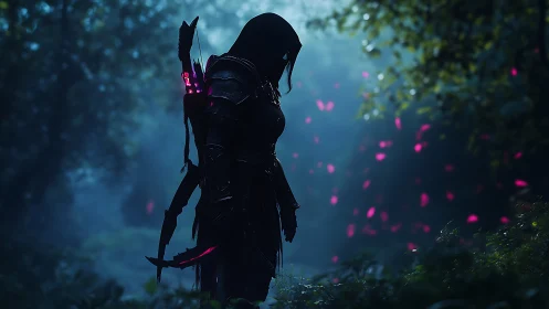 Hooded arcane ranger in bioluminescent forest atmosphere.
