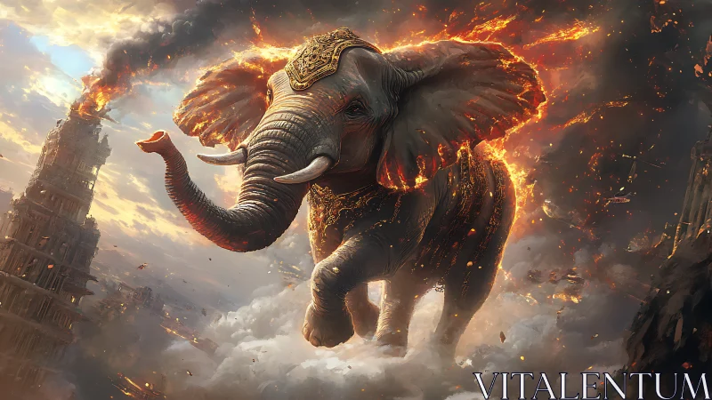 Majestic firelit elephant strides through a storm of embers.