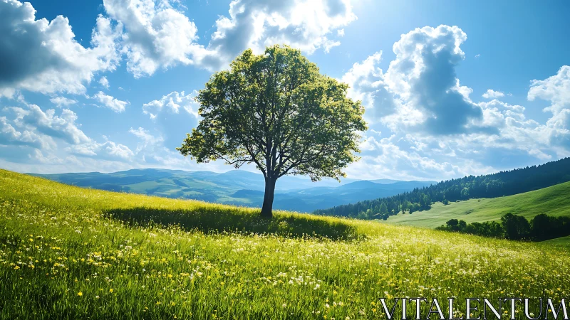 Solitary deciduous tree on sunlit meadow under cumulus sky